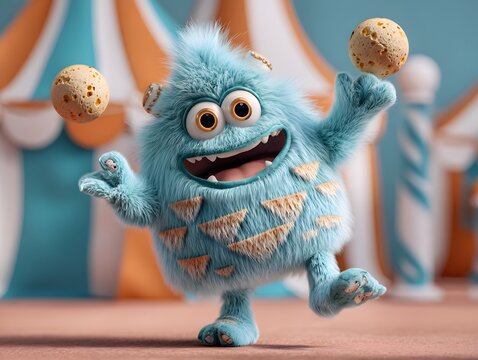 Cheerful Blue Cookie Monster Character Juggling Cookies on Stage