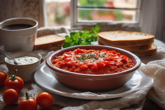 Tomato soup in bowl on wooden table