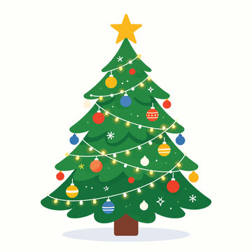 Decorated Christmas Tree with Star Lights and Colorful Baubles Vector