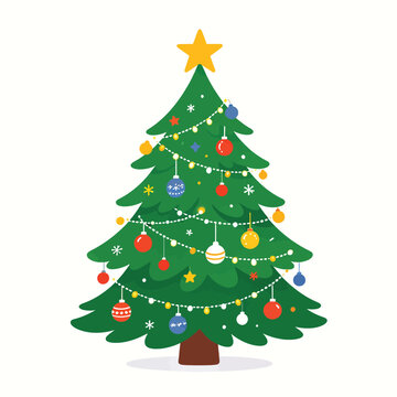 Decorated Christmas Tree with Star Lights and Colorful Baubles Vector