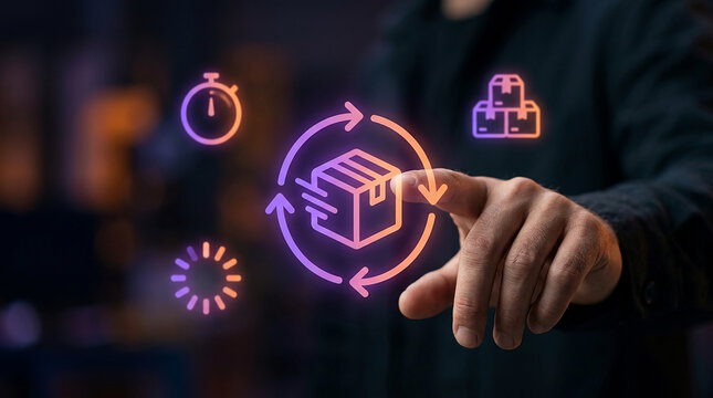 Business Logistics and Supply Chain Management Concept Featuring a Person Touching Glowing Digital Delivery Tracking Icons and Virtual Shipping Symbols