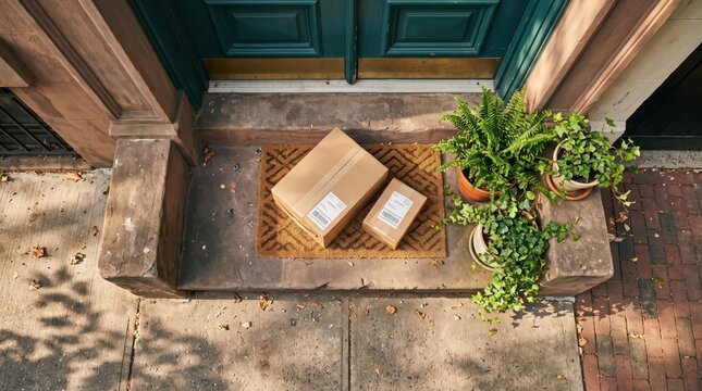 Two cardboard delivery parcels on a patterned doorstep mat outside a teal front door. Online shopping and home delivery. Ecommerce shipping, package drop off and contactless parcel service.