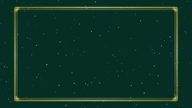 Elegant Falling Snowflakes with Ornate Gold Frame on Dark Green for Christmas Holiday Greeting Cards and Festive Digital Displays
