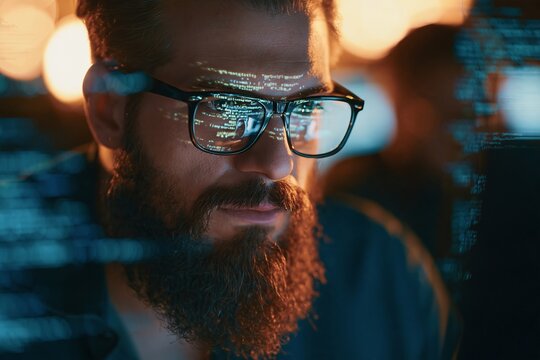 Focused bearded man wearing glasses while looking at code reflected on lenses in dark room