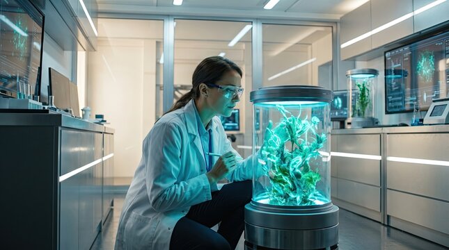 Scientist examining a glowing biological sample in a modern research laboratory setting