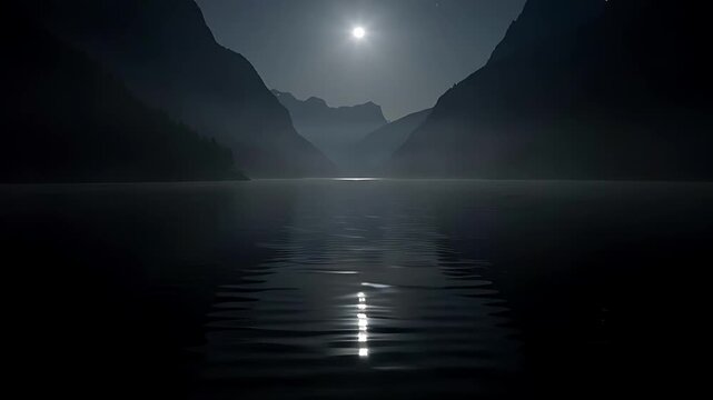 Serene full moon shining over calm mountain lake at night with misty peaks and silver reflection on dark water creating tranquil nocturnal landscape.