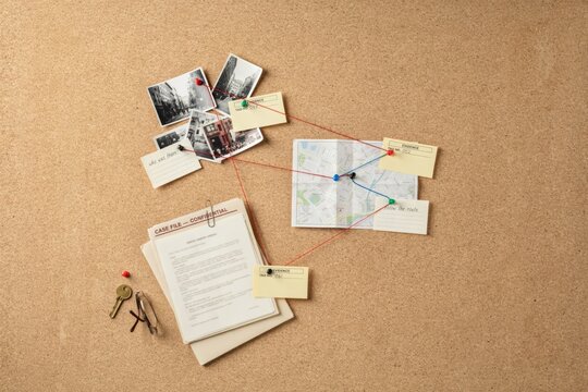 Detective investigation board with crime scene photos, map, case file, key, and glasses on a cork background