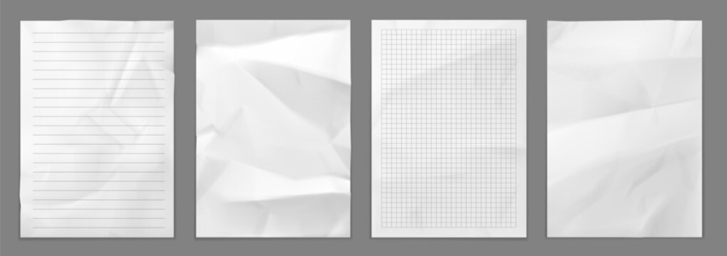 White crumpled paper sheets, wrinkled and ripped empty note page mockup, realistic crumble background. Vector crumple letter or poster with folds or wrinkles. 3D notebook surface or document templates