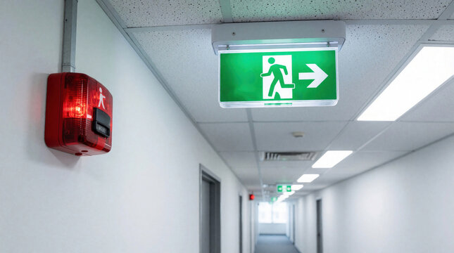 Green exit sign with arrow, white running man icon mounted on office ceiling. Red fire alarm strobe light fixed to wall in corridor. Emergency evacuation system provides safety guidance, warning