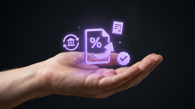 Human hand holding glowing purple 3D icons for banking, interest rates, tax calculations, and financial services on a dark professional background.