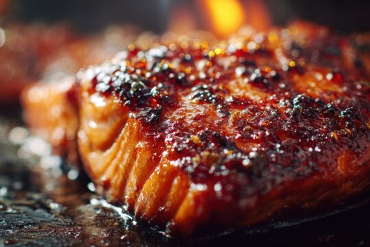 Caramelized salmon bites coated in a glossy, sweet-savory glaze with rich umami flavor