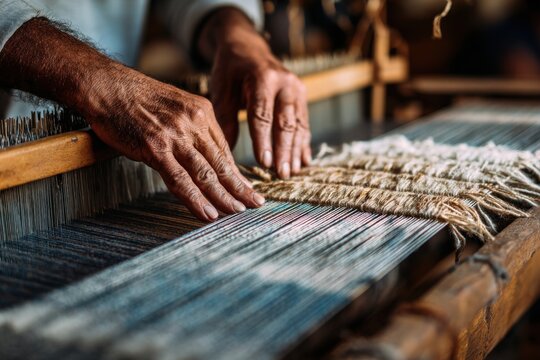 Hands guide colorful threads across a contemporary loom, weaving heritage patterns into fresh textile designs