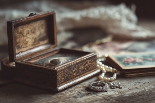 Antique keepsakes and treasured family objects arranged on a timeworn wooden tabletop