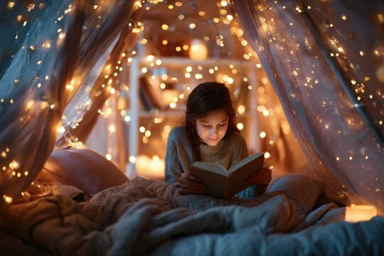 Teenager immersed in a fantasy novel beneath a cozy blanket in a softly lit bedroom