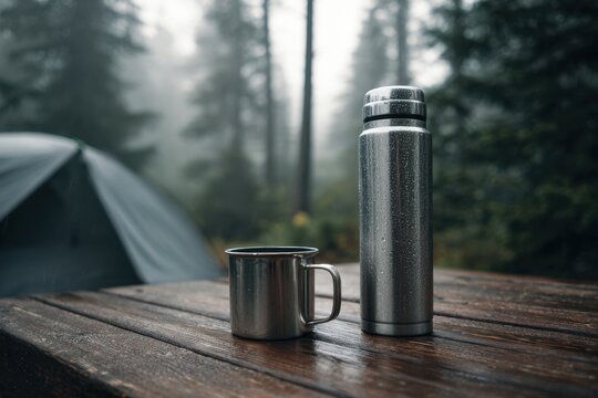 Sunrise illuminates a travel mug and thermos resting on a quiet outdoor table