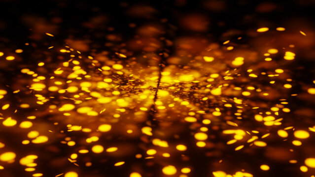 Golden Glowing Particles Bokeh and Sparks Bursting on Dark Background