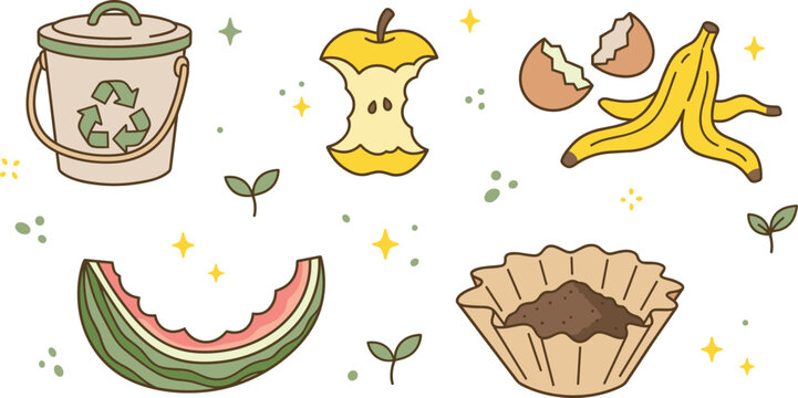 Vector illustration set of organic waste for composting including bin apple core banana peel and eggshells