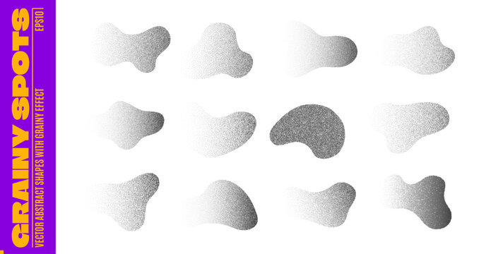 Noise grain freeform shape figures. Grainy stipple blobs fading from dense to scattered dot texture. Irregular organic forms for album covers, modern web design backgrounds and posters