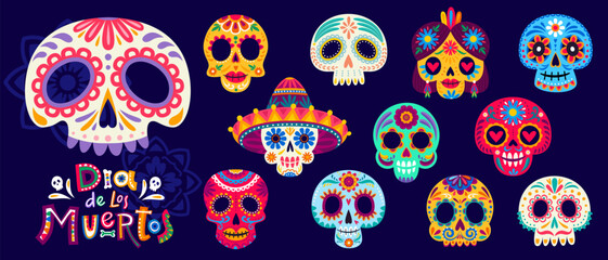 Plakat Mexican Day of the Dead calavera sugar skulls. Dia de los Muertos Mexico festival face masks and heads with floral patterns and traditional Mexican folklore motifs for Day of the Dead invitations