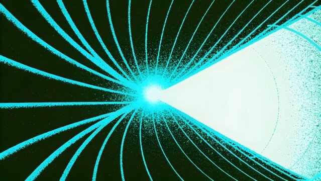 Radiant cyan energy ray projecting into deep space vortex. Particle physics and light speed travel. High intensity light beam firing from glowing core