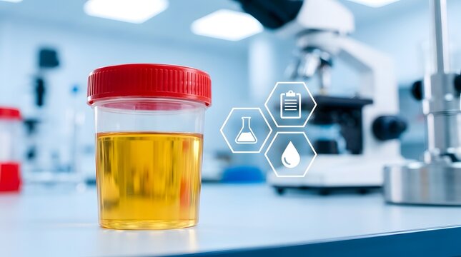 Medical laboratory urine sample collection container with red cap in clinical diagnostic setting