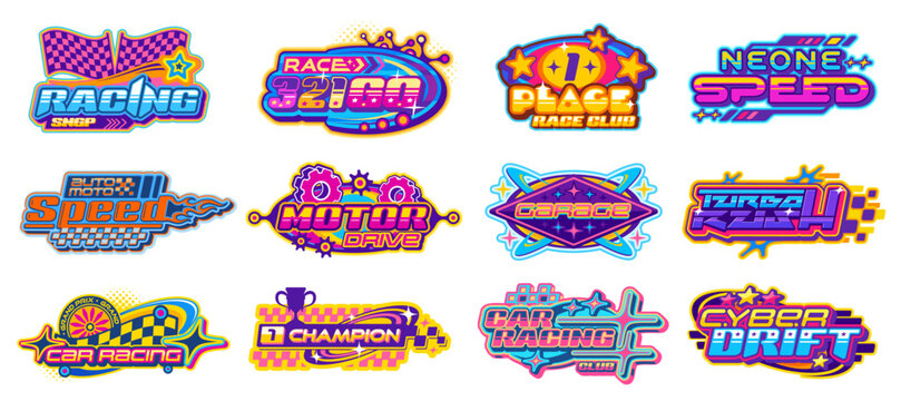 Race sport retro y2k element icons, racing symbols of vector car wheels, flags and stars, speed fire flames, gears and motocross rally trophy cup. Auto and motor race sport abstract y2k stickers set