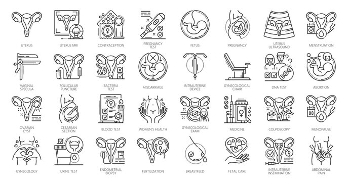 Reproductive health urinary and gynecology medicine line icons. Vector symbols of MRI, contraception, pregnancy test, menstruation and abortion, cesarean section, ovarian cyst, dna test, miscarriage