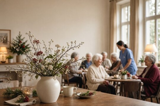 Residents enjoying seasonal gathering with festive decor in nursing home setting