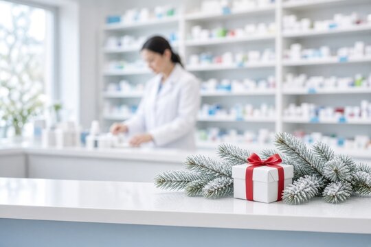 Festive gift box with red ribbon and frosted pine sprigs on pharmacy countertop
