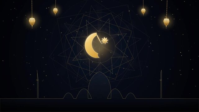 An elegant dark background featuring a glowing golden crescent moon, star, and hanging lanterns with intricate geometric patterns and mosque silhouette for Islamic celebrations.