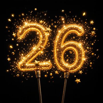Glowing Number 26 Sparkler with Golden Stars for New Year 2026 Celebration