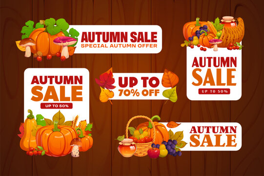 Autumn fall sale tags, discount coupon labels for Thanksgiving season advertising, online shop product packaging. Vector banner and card set with orange leaves, pumpkins, fruit, basket and cornucopia