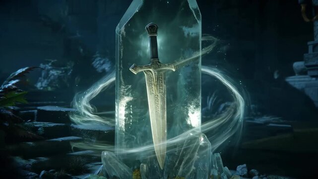 Enchanted sword sealed in ice crystal with swirling magic mist in dark ruins 60 FPS