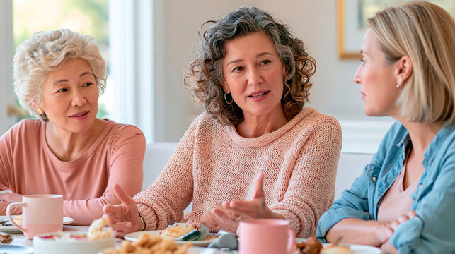 Three mature women sharing food and conversation together at home, enjoying friendship, connection and social bonding around the table