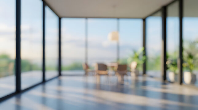 Blurred Modern Office Interior with Panoramic Glass Windows, Natural Daylight, and Elegant Contemporary Workspace Background