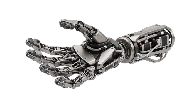 Detailed metallic robotic hand isolated on black background