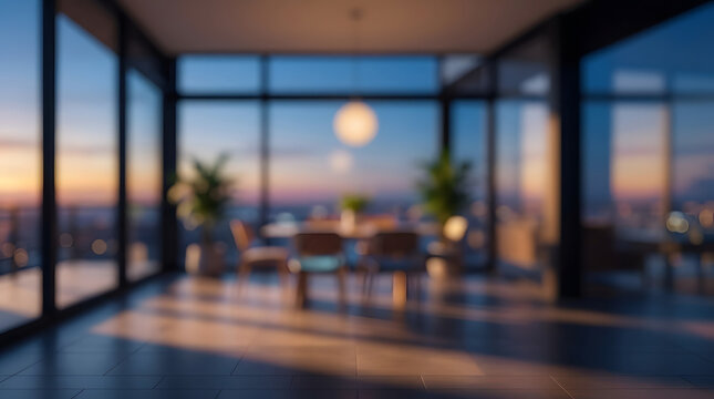 Blurred Modern Office Interior with Panoramic Glass Windows, Natural Daylight, and Elegant Contemporary Workspace Background