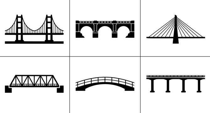 Bridge silhouettes set with suspension, arch, truss and beam designs for transport and architecture