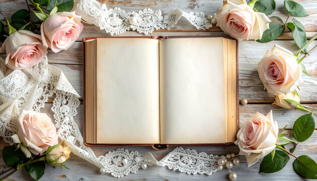 Vintage Valentine Blank Journal Decorated With Pale Pink Roses And Delicate Lace on Rustic Wood Background