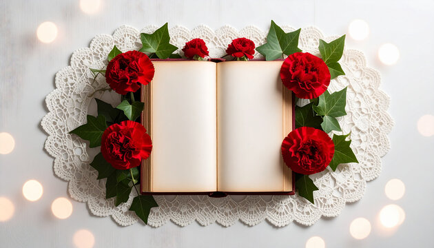 Vintage Valentine Blank Journal With Red Flowers And Lace Doily For Romantic Notes And Poetry