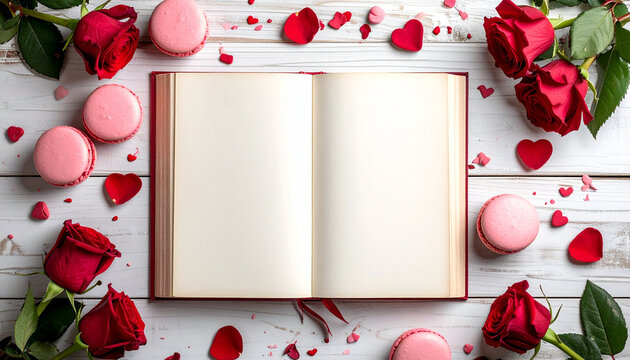 Vintage Valentine Blank Journal With Red Roses And Pink Macarons on Wooden Background For Romantic Notes