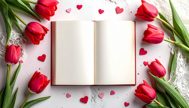Vintage Valentine Blank Journal With Red Tulips And Small Hearts Flat Lay Composition For Romantic Notes