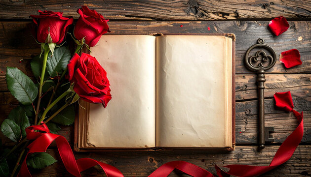 Vintage Valentine Blank Journal With Red Roses Old Key And Ribbon on Rustic Wooden Table For Romantic Notes