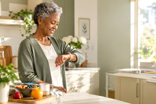 Senior woman checking her smartwatch in a sunny kitchen