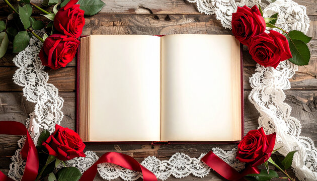 Vintage Valentine Blank Journal With Red Roses And Lace on Wooden Background For Romantic Notes And Poetry