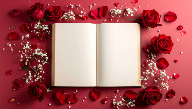 Vintage Valentine Blank Journal With Red Roses And Petals on Dark Red Background For Romantic Love Notes