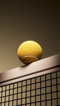 Loop Yellow tennis ball rolls off racket edge above net in warm dramatic closeup with textured surface detail, low angle lighting and visible motion momentum across gap