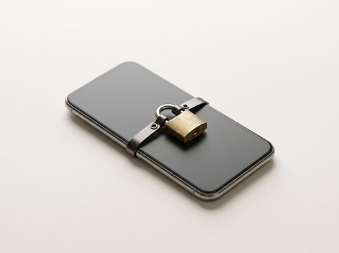 Smartphone Secured With Sturdy Padlock On Clean White Background