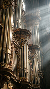 Cathedral Majestic Pipe Organ With Sunlight Sunbeams Shining