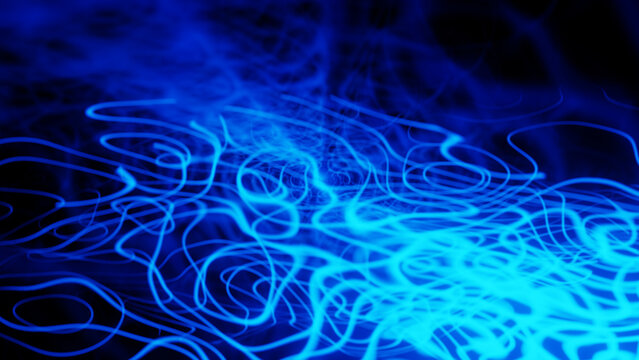 Abstract Glowing Blue Neon Curved Lines and Light Trails on Dark Background